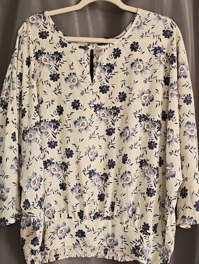 Suzanne Betro Cream Floral Top with Navy and Soft Blue Accents